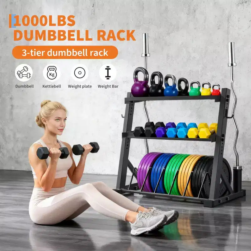 Supports de rangement pour haltères à 3 niveaux, capacité de 450 kg, support de poids réglable pour haltères, kettlebells, barres d'haltères (acier au carbone Q235)