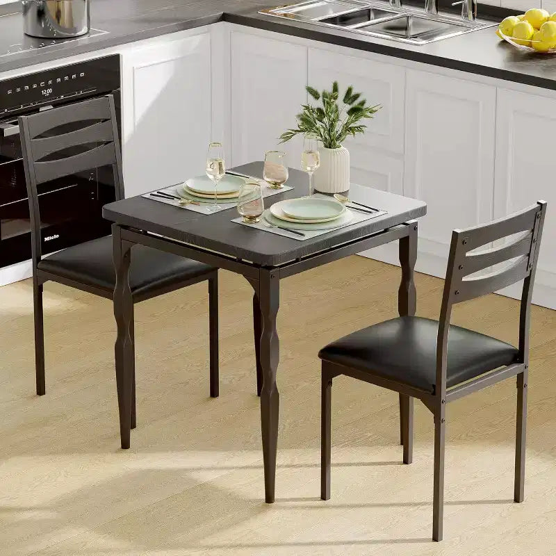 Ensemble de salle à manger industriel 3 pièces pour 2 avec chaises rembourrées Table de cuisine avec pieds en spirale (Noir)