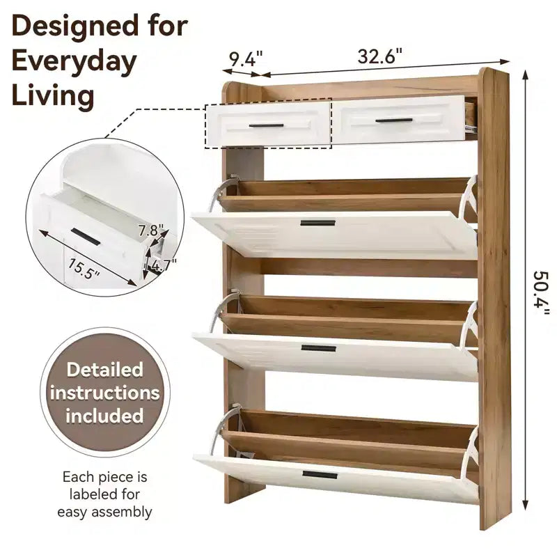 Meuble à Chaussures Moderne en Bois Okak avec 2 Tiroirs et 3 Portes Basculantes, Étagère à Chaussures d'Entrée avec Grand Rangement