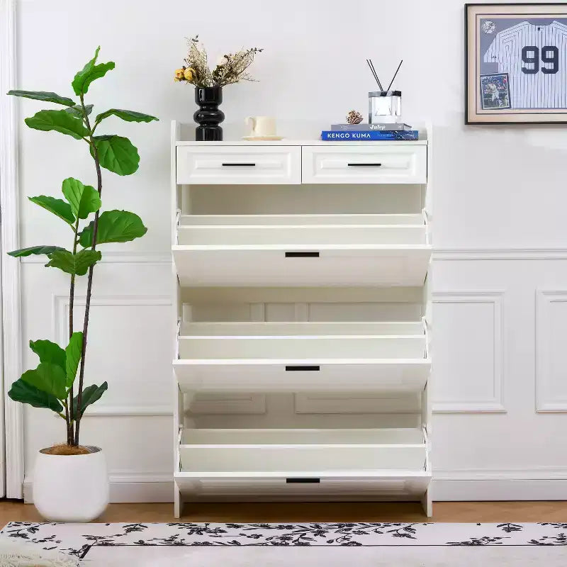 Meuble à Chaussures Moderne en Bois Okak avec 2 Tiroirs et 3 Portes Basculantes, Étagère à Chaussures d'Entrée avec Grand Rangement