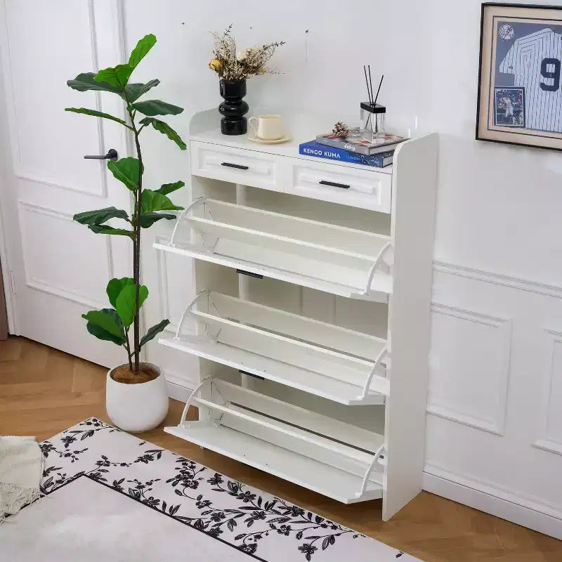 Meuble à Chaussures Moderne en Bois Okak avec 2 Tiroirs et 3 Portes Basculantes, Étagère à Chaussures d'Entrée avec Grand Rangement