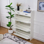 Meuble à Chaussures Moderne en Bois Okak avec 2 Tiroirs et 3 Portes Basculantes, Étagère à Chaussures d'Entrée avec Grand Rangement