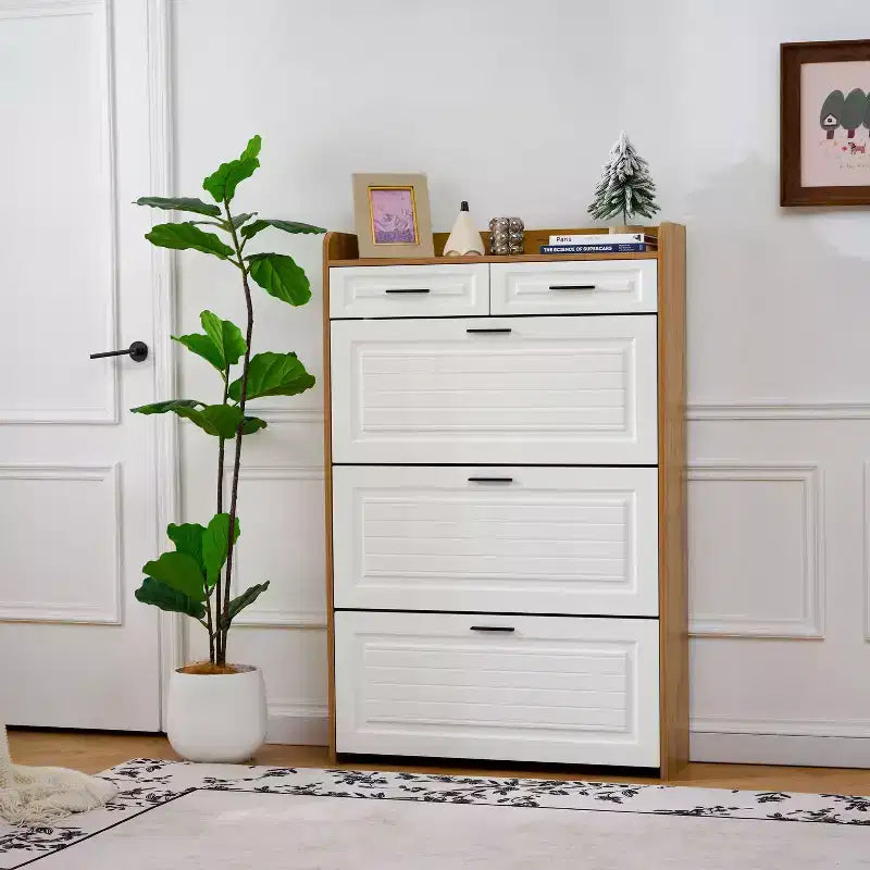 Meuble à Chaussures Moderne en Bois Okak avec 2 Tiroirs et 3 Portes Basculantes, Étagère à Chaussures d'Entrée avec Grand Rangement