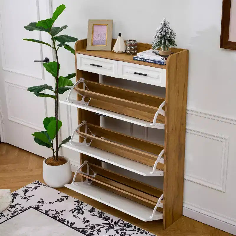 Meuble à Chaussures Moderne en Bois Okak avec 2 Tiroirs et 3 Portes Basculantes, Étagère à Chaussures d'Entrée avec Grand Rangement