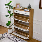 Meuble à Chaussures Moderne en Bois Okak avec 2 Tiroirs et 3 Portes Basculantes, Étagère à Chaussures d'Entrée avec Grand Rangement