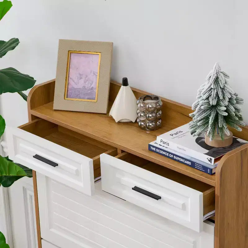 Meuble à Chaussures Moderne en Bois Okak avec 2 Tiroirs et 3 Portes Basculantes, Étagère à Chaussures d'Entrée avec Grand Rangement