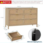Commode 6 tiroirs pour chambre à coucher, commode en rotin avec poignées en métal, commode de rangement en bois de style ferme pour chambre à coucher, salon, bureau