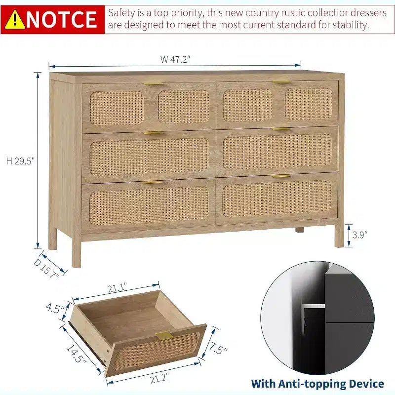 Commode 6 tiroirs pour chambre à coucher, commode en rotin avec poignées en métal, commode de rangement en bois de style ferme pour chambre à coucher, salon, bureau