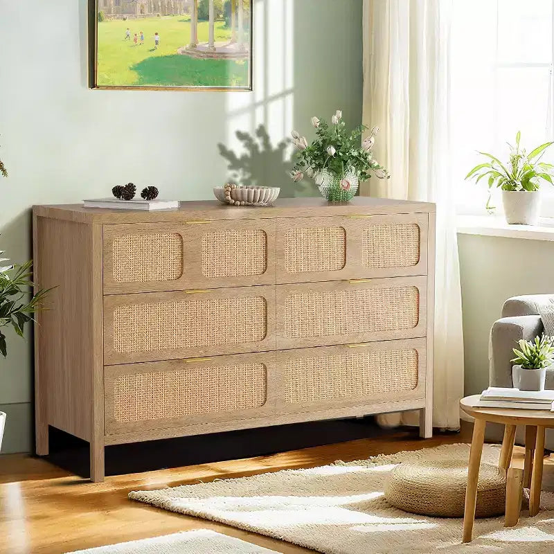 Commode 6 tiroirs pour chambre à coucher, commode en rotin avec poignées en métal, commode de rangement en bois de style ferme pour chambre à coucher, salon, bureau