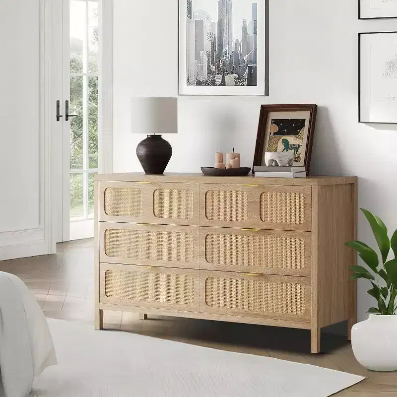 Commode 6 tiroirs pour chambre à coucher, commode en rotin avec poignées en métal, commode de rangement en bois de style ferme pour chambre à coucher, salon, bureau