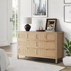 Commode 6 tiroirs pour chambre à coucher, commode en rotin avec poignées en métal, commode de rangement en bois de style ferme pour chambre à coucher, salon, bureau