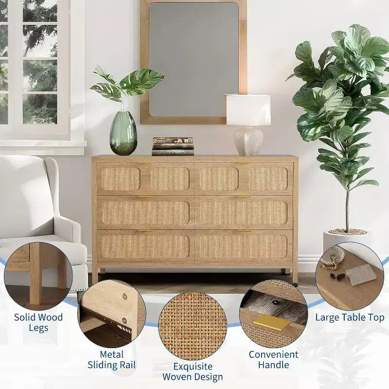 Commode 6 tiroirs pour chambre à coucher, commode en rotin avec poignées en métal, commode de rangement en bois de style ferme pour chambre à coucher, salon, bureau