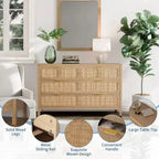 Commode 6 tiroirs pour chambre à coucher, commode en rotin avec poignées en métal, commode de rangement en bois de style ferme pour chambre à coucher, salon, bureau