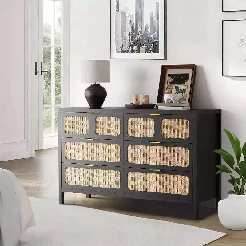 Commode 6 tiroirs pour chambre à coucher, commode en rotin avec poignées en métal, commode de rangement en bois de style ferme pour chambre à coucher, salon, bureau