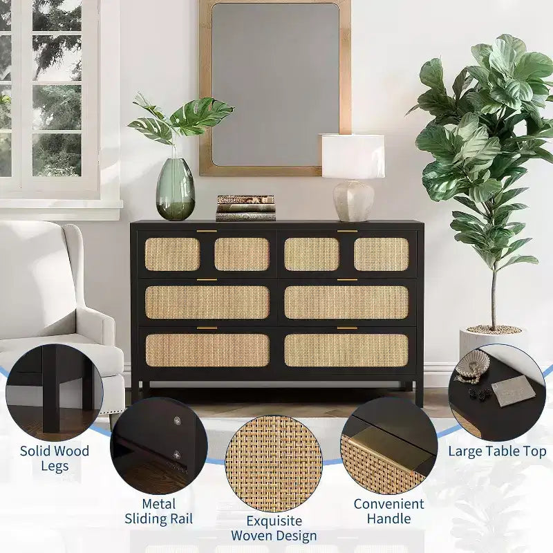 Commode 6 tiroirs pour chambre à coucher, commode en rotin avec poignées en métal, commode de rangement en bois de style ferme pour chambre à coucher, salon, bureau