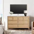 Commode 6 tiroirs pour chambre à coucher, commode en rotin avec poignées en métal, commode de rangement en bois de style ferme pour chambre à coucher, salon, bureau