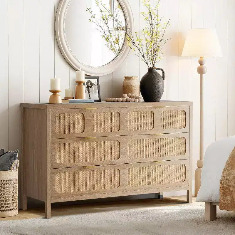 Commode 6 tiroirs pour chambre à coucher, commode en rotin avec poignées en métal, commode de rangement en bois de style ferme pour chambre à coucher, salon, bureau