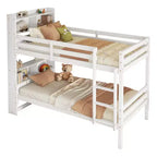 Lit superposé double MAYEERTY avec tête de lit étagères, rails de sécurité et échelle convertible en 2 lits pour chambre à coucher, blanc