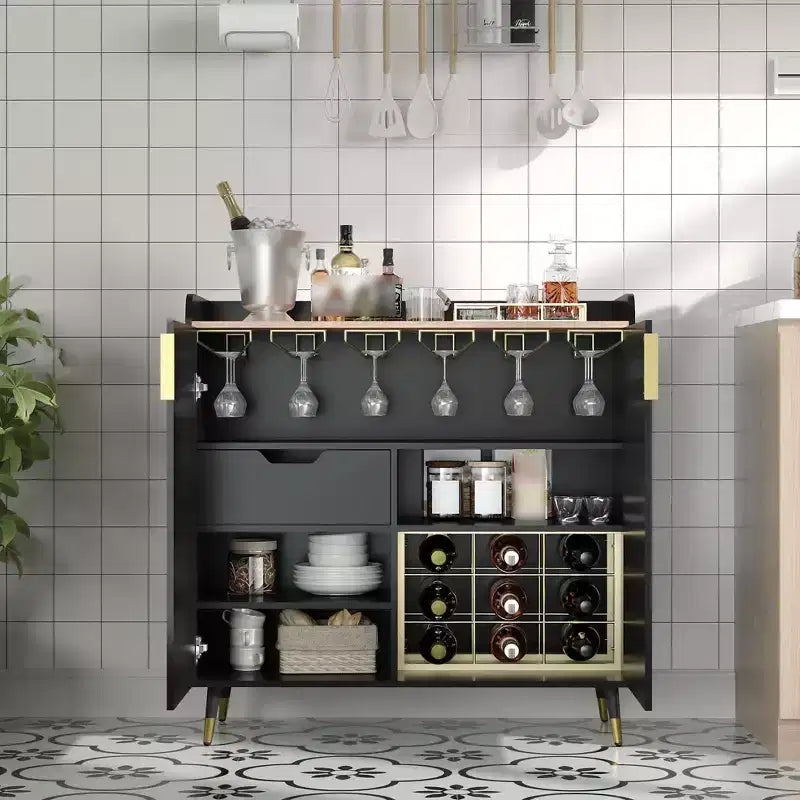 31,5 Meuble Bar à Vin, Meuble de Café en Bois avec Porte-Bouteilles et Porte-Verres, Buffet Moderne pour Salon Entrée