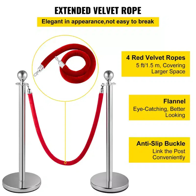 Poteau de Guidage VEVOR, Lot de 8 Poteaux Argentés avec 2 Cordons en Velours Rouge de 1,5 m (5 pi), Poteau de Sécurité, Argent
