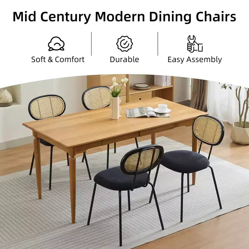 Lot de 2 chaises de salle à manger en métal, chaises de cuisine modernes rembourrées avec dossier en treillis tissé et cadre en métal robuste, style ferme, noir