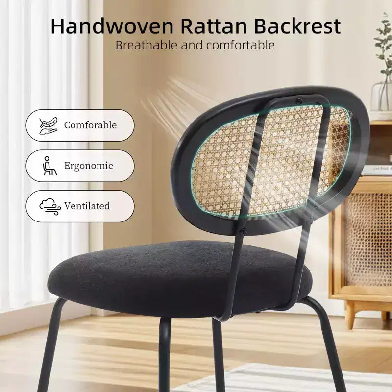 Lot de 2 chaises de salle à manger en métal, chaises de cuisine modernes rembourrées avec dossier en treillis tissé et cadre en métal robuste, style ferme, noir