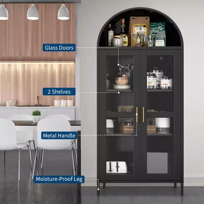 73 Armoire de cuisine cintrée - Vaisselier de style fermette moderne avec porte vitrée et 2 étagères réglables, Bibliothèque autoportante pour cuisine, salle à manger