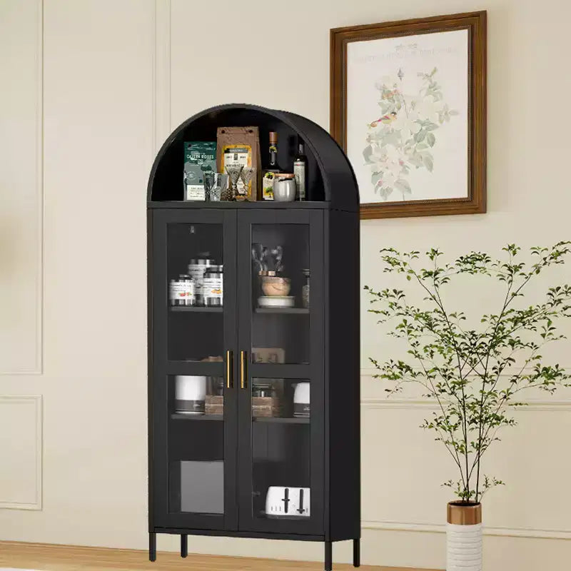 73 Armoire de cuisine cintrée - Vaisselier de style fermette moderne avec porte vitrée et 2 étagères réglables, Bibliothèque autoportante pour cuisine, salle à manger