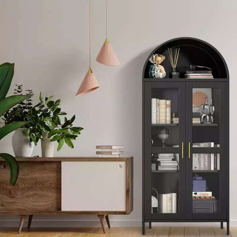 73 Armoire de cuisine cintrée - Vaisselier de style fermette moderne avec porte vitrée et 2 étagères réglables, Bibliothèque autoportante pour cuisine, salle à manger
