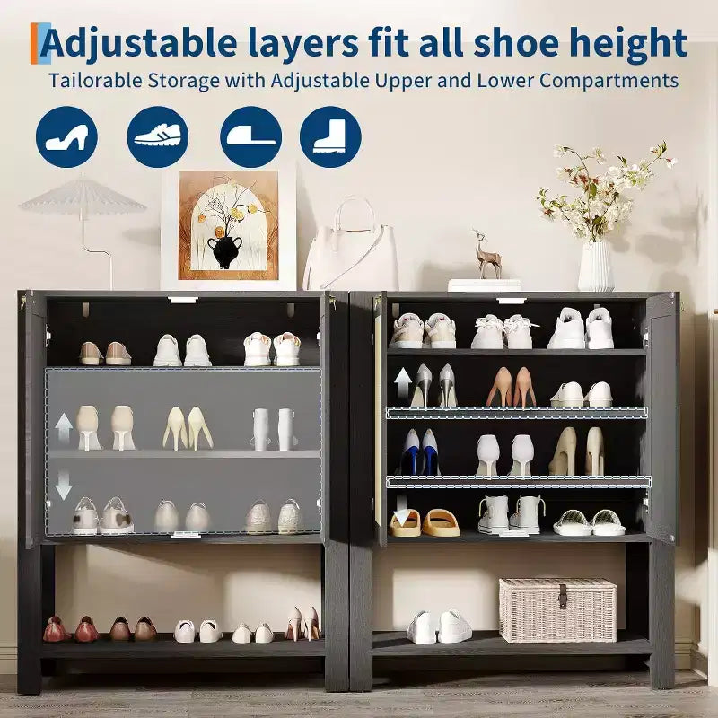 Meuble à chaussures, Meuble à chaussures de style rustique pour entrée, Organiseur à chaussures à 5 niveaux avec portes et étagères, Meuble à chaussures étroit autonome et dissimulé