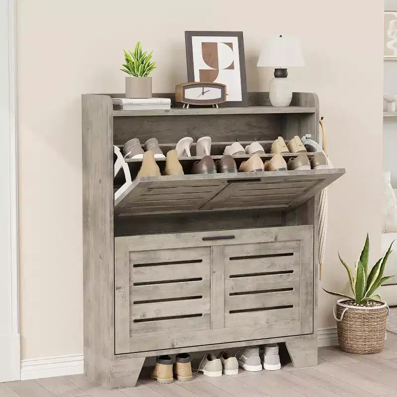 Shoe Cabinet with 4 Flip Drawers,Farmhouse Freestanding Shoe Cabinet with Shelves for Entryway, Living Room, Hallway