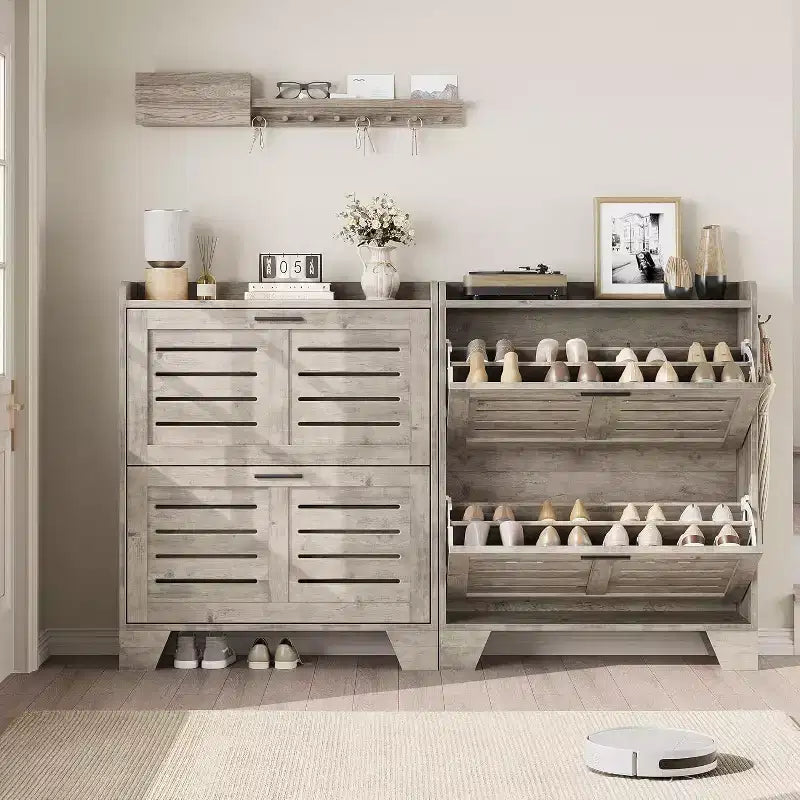 Meuble à chaussures avec 4 tiroirs basculants, meuble à chaussures autoportant de style fermier avec étagères pour entrée, salon, couloir