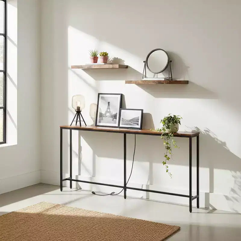 FurnitureR 71 Entryway Console Table with 2 Floating Wall Shelves, Industrial Narrow Hallway Table Set with Power Outlet for Living Room, Entryway