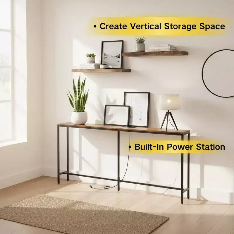 FurnitureR 71 Console d'entrée avec 2 étagères murales flottantes, ensemble de table de couloir étroite industrielle avec prise de courant pour salon, entrée
