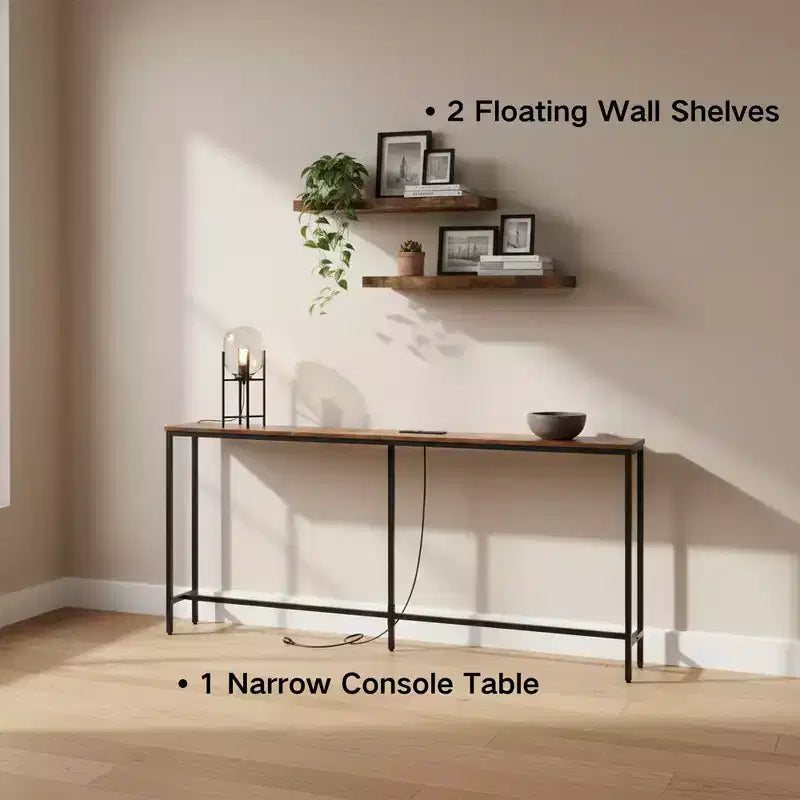FurnitureR 71 Console d'entrée avec 2 étagères murales flottantes, ensemble de table de couloir étroite industrielle avec prise de courant pour salon, entrée
