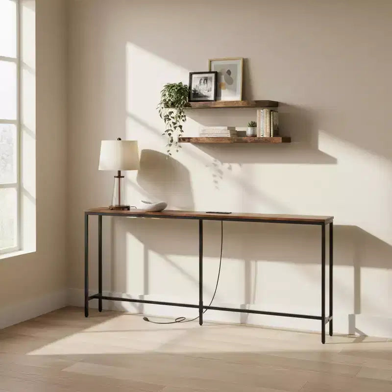 FurnitureR 71 Console d'entrée avec 2 étagères murales flottantes, ensemble de table de couloir étroite industrielle avec prise de courant pour salon, entrée