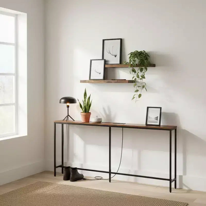 FurnitureR 71 Console d'entrée avec 2 étagères murales flottantes, ensemble de table de couloir étroite industrielle avec prise de courant pour salon, entrée