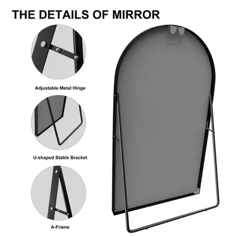MAYEERTY Miroir noir pleine longueur de 39,37 x 66,93 pouces en forme d'arche avec bord fin en alliage d'aluminium avec support pour décoration murale de salon et de chambre à coucher
