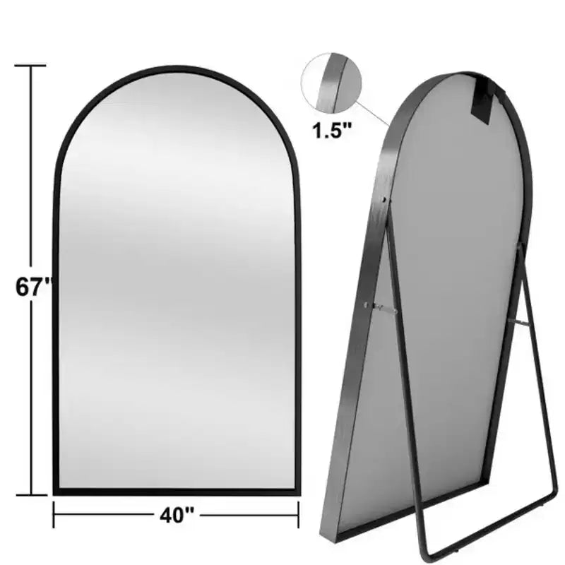 MAYEERTY Miroir noir pleine longueur de 39,37 x 66,93 pouces en forme d'arche avec bord fin en alliage d'aluminium avec support pour décoration murale de salon et de chambre à coucher