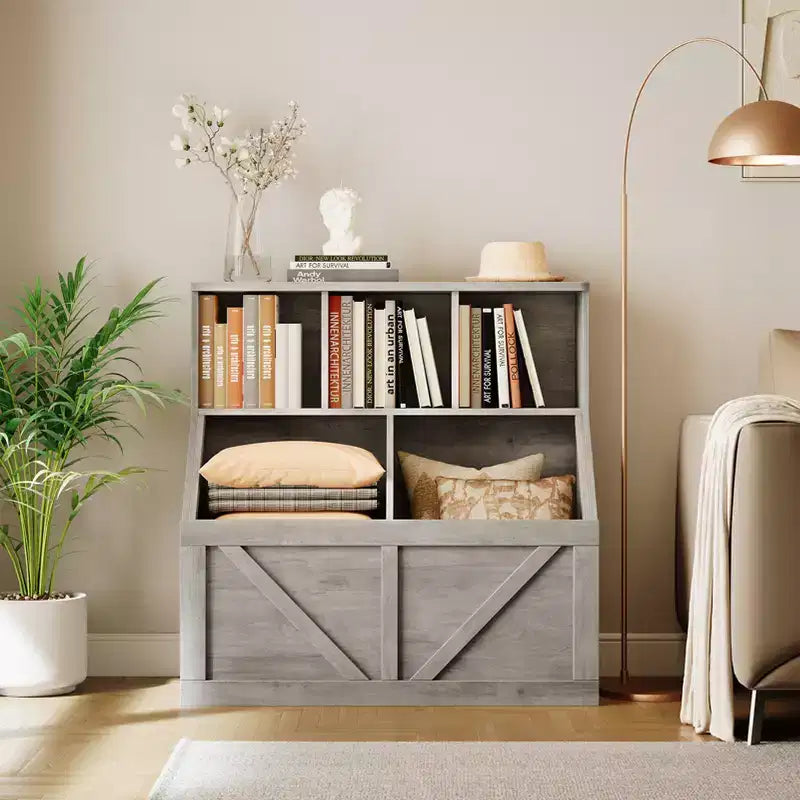 Étagère compacte en bois pour livres d'enfants et organiseur de jouets – 89 cm, 3 étagères ouvertes, 2 bacs de rangement – Bibliothèque à 2 niveaux