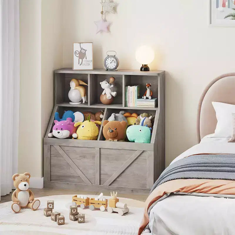 Étagère compacte en bois pour livres d'enfants et organiseur de jouets – 89 cm, 3 étagères ouvertes, 2 bacs de rangement – Bibliothèque à 2 niveaux