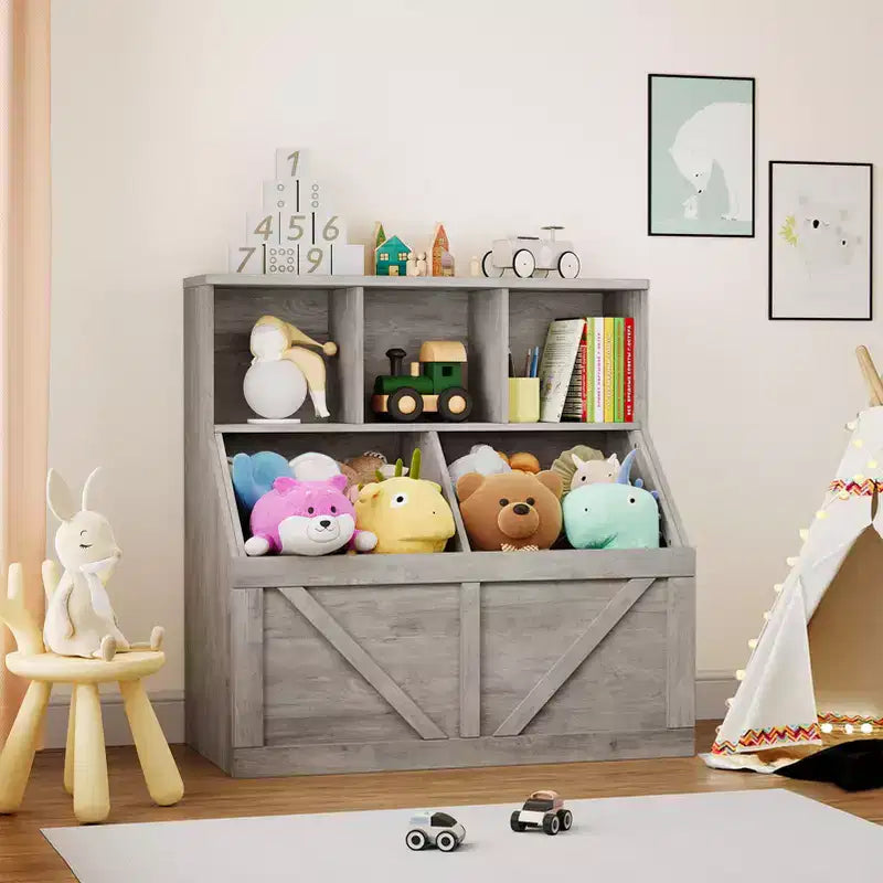 Étagère compacte en bois pour livres d'enfants et organiseur de jouets – 89 cm, 3 étagères ouvertes, 2 bacs de rangement – Bibliothèque à 2 niveaux