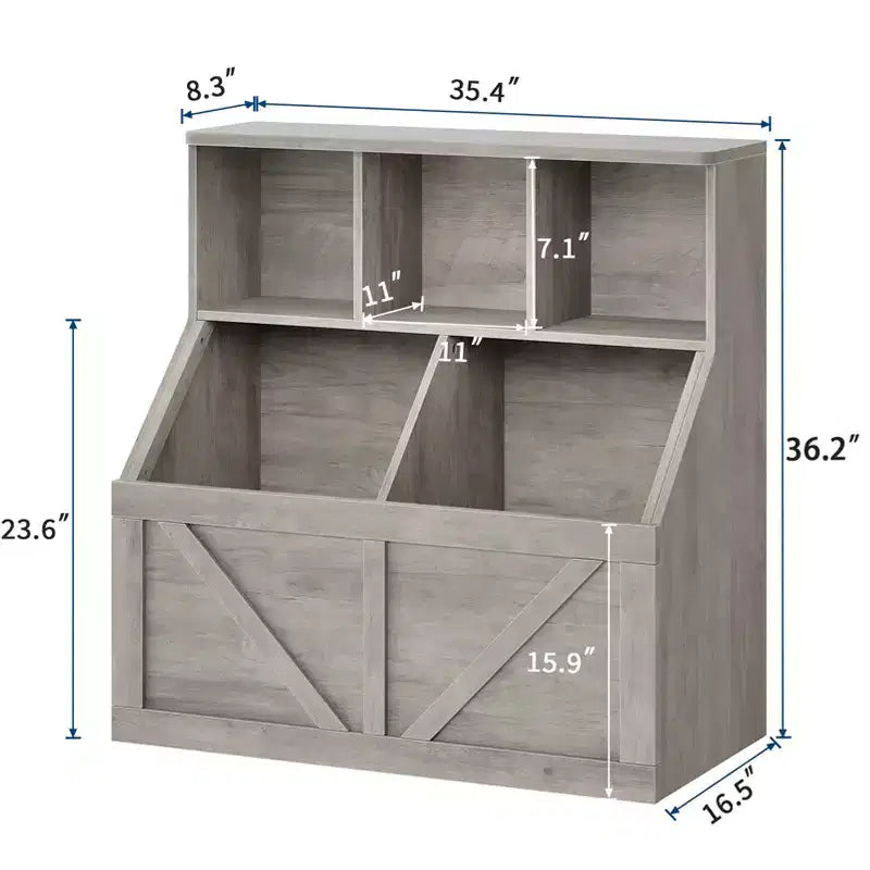 Étagère compacte en bois pour livres d'enfants et organiseur de jouets – 89 cm, 3 étagères ouvertes, 2 bacs de rangement – Bibliothèque à 2 niveaux