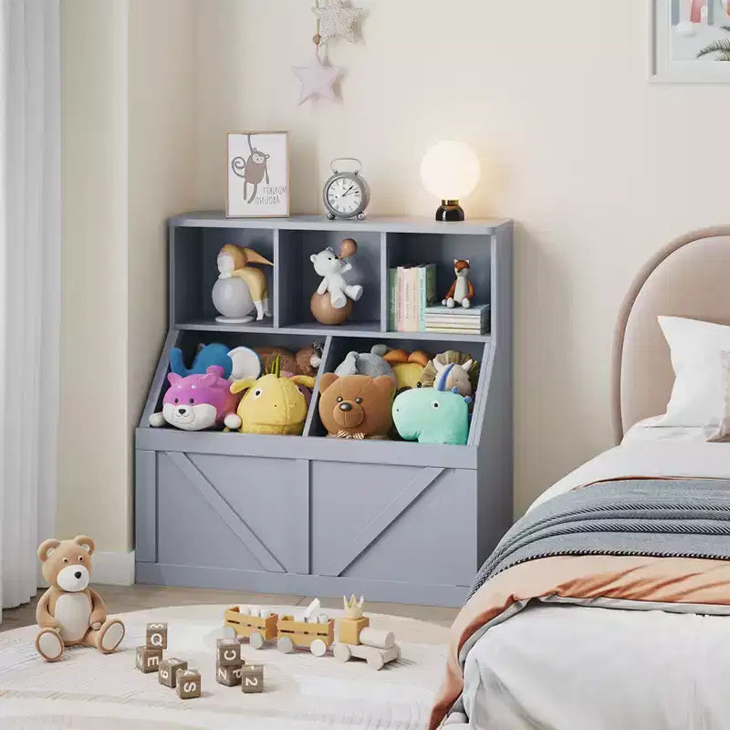 Étagère compacte en bois pour livres d'enfants et organiseur de jouets – 89 cm, 3 étagères ouvertes, 2 bacs de rangement – Bibliothèque à 2 niveaux