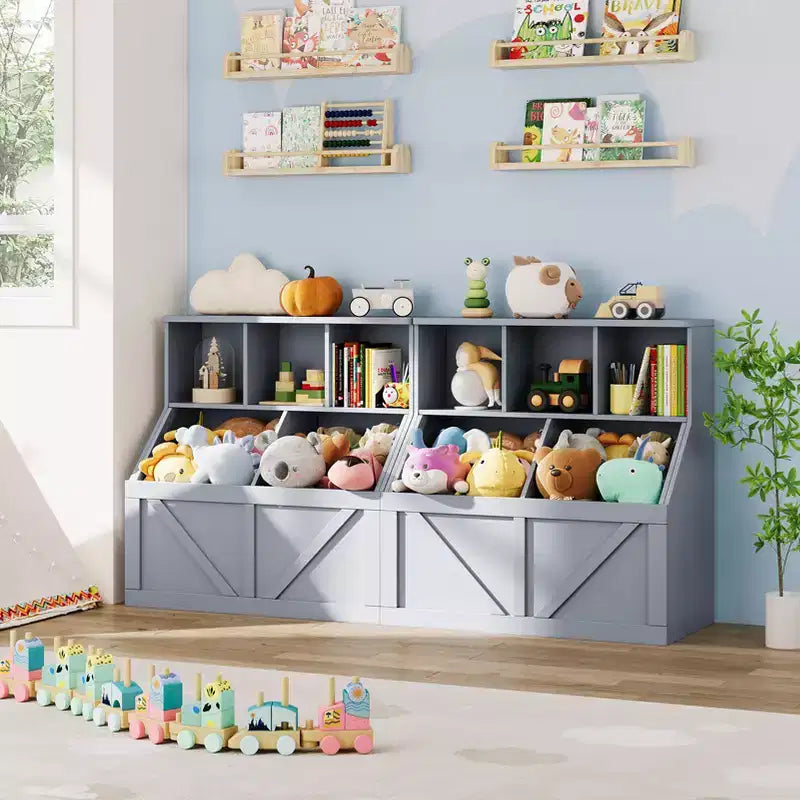 Étagère compacte en bois pour livres d'enfants et organiseur de jouets – 89 cm, 3 étagères ouvertes, 2 bacs de rangement – Bibliothèque à 2 niveaux