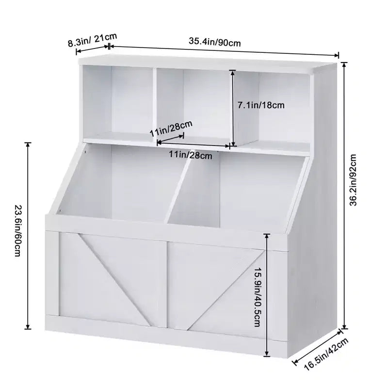 Étagère compacte en bois pour livres d'enfants et organiseur de jouets – 89 cm, 3 étagères ouvertes, 2 bacs de rangement – Bibliothèque à 2 niveaux