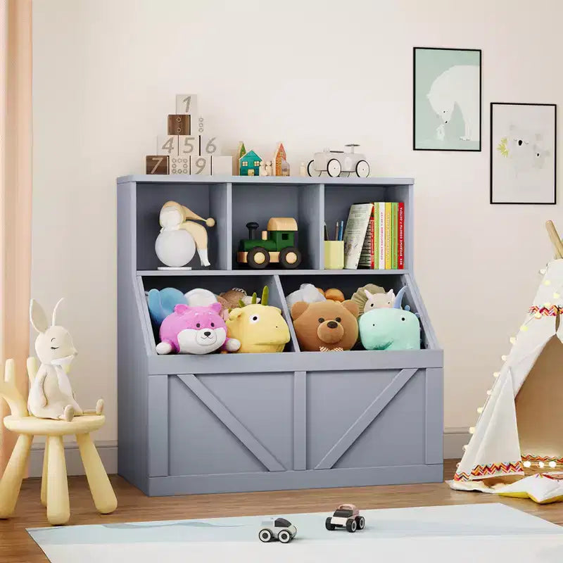 Étagère compacte en bois pour livres d'enfants et organiseur de jouets – 89 cm, 3 étagères ouvertes, 2 bacs de rangement – Bibliothèque à 2 niveaux