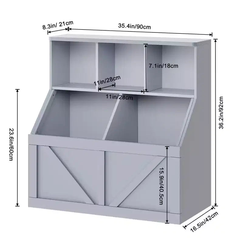 Étagère compacte en bois pour livres d'enfants et organiseur de jouets – 89 cm, 3 étagères ouvertes, 2 bacs de rangement – Bibliothèque à 2 niveaux