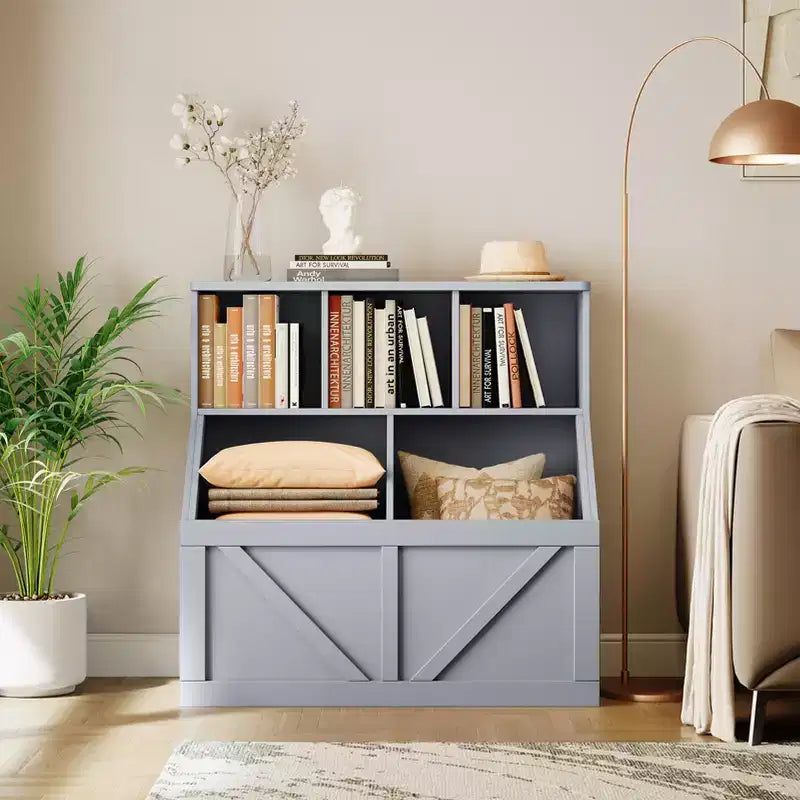 Étagère compacte en bois pour livres d'enfants et organiseur de jouets – 89 cm, 3 étagères ouvertes, 2 bacs de rangement – Bibliothèque à 2 niveaux
