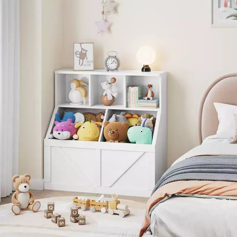 Étagère compacte en bois pour livres d'enfants et organiseur de jouets – 89 cm, 3 étagères ouvertes, 2 bacs de rangement – Bibliothèque à 2 niveaux